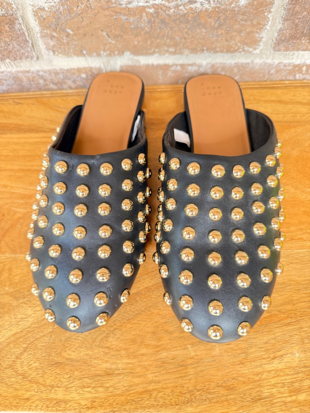 a new day Black Leather Mules with Gold Studs